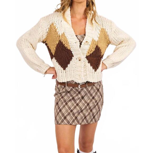 SAGE THE LABEL Sweaters - NEW SAGE THE LABEL celine diamond chunky cardigan in ivory multi
